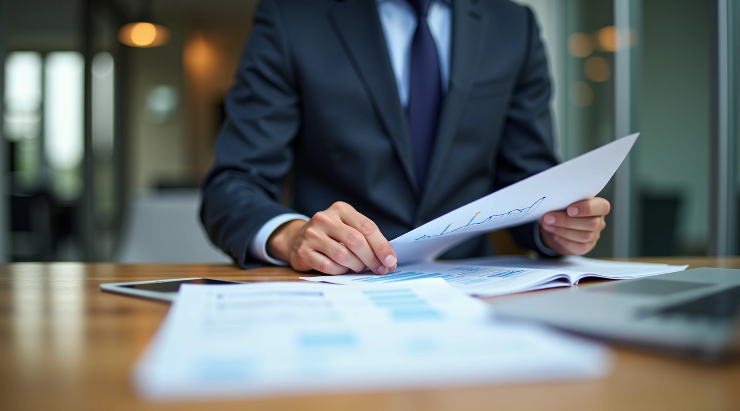 Professional financial analyst reviewing IFRS revenue recognition principles and accounting standards documentation at desk