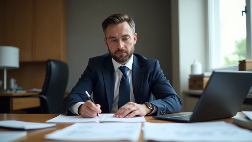 Auditor reviewing financial documents and standards documentation on organized desk