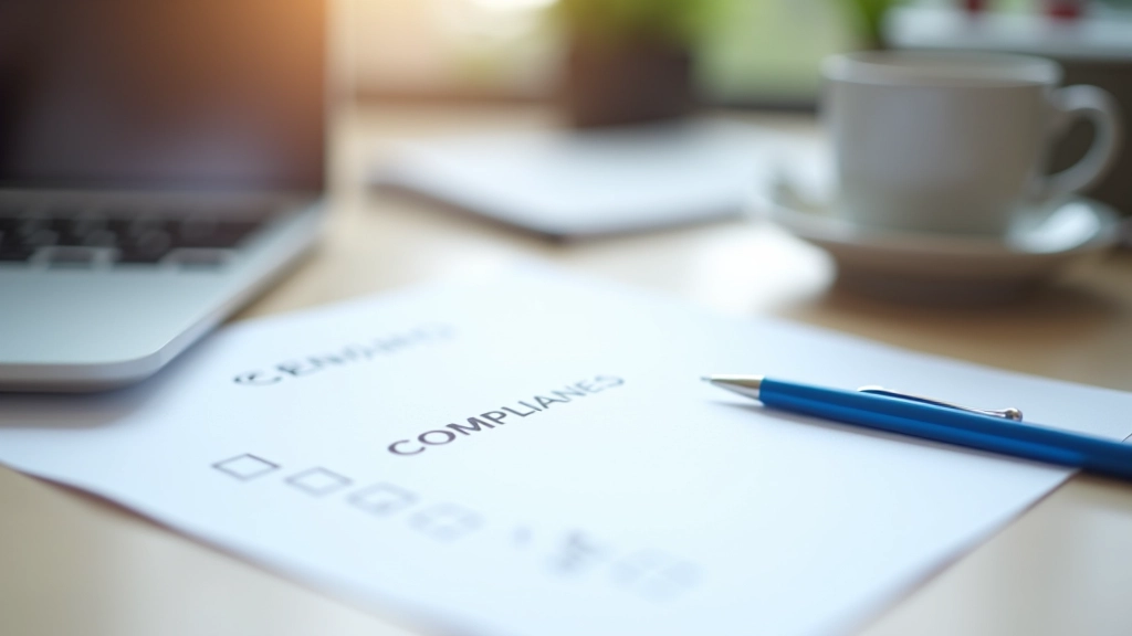 Professional compliance checklist document with pen and coffee cup on organized desk workspace