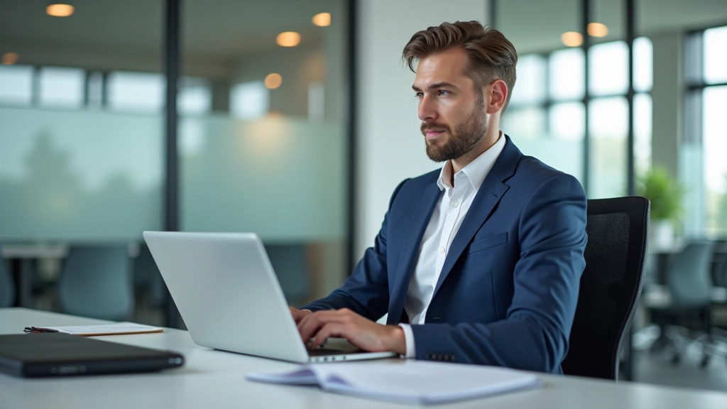 Financial analyst reviewing revenue recognition standards on laptop at modern office desk