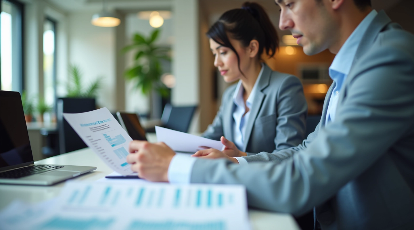 Financial analyst reviewing compliance documentation and reporting standards