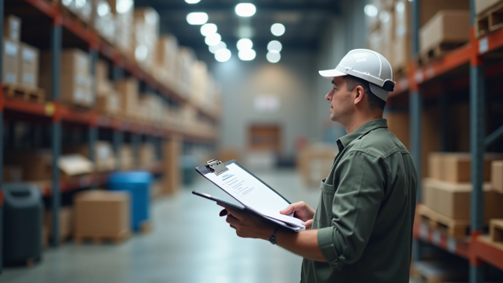 Modern warehouse facility with lease documentation and compliance checklist on clipboard